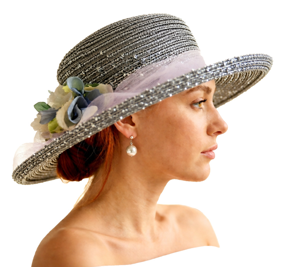 Vintage Jami Wide Brim Church Fascinator Blue hat with Organza and FLowers